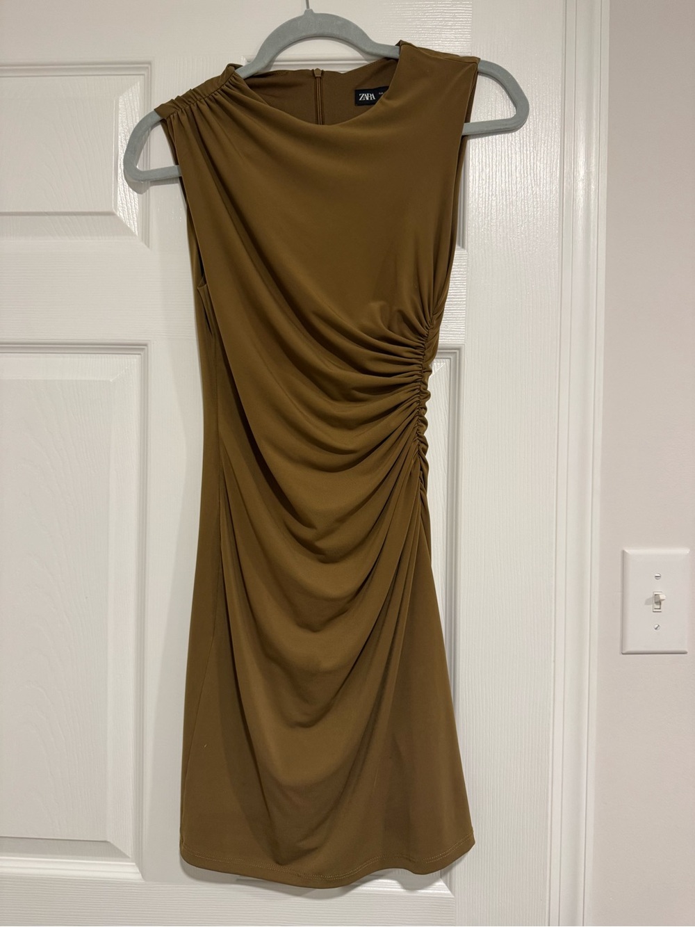 Zara Olive Ruched One-Shoulder Mini Dress
